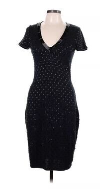 Temperley London Black V-Neck Short Sleeves Beaded Black Dress L